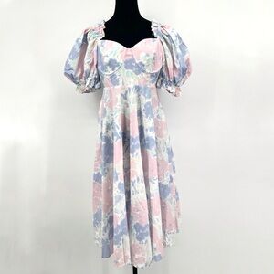 Selkie Pastel Floral Puff Sleeve Pink Purple White Mini Dresd Large